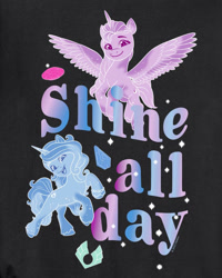 Size: 800x1000 | Tagged: safe, izzy moonbow, sunny starscout, alicorn, pony, unicorn, g5, my little pony: make your mark, official, black background, clothes, crystal, cutie mark, earth pony crystal, female, horn, jacket, long sleeved shirt, long sleeves, mare, merchandise, pegasus crystal, pose, race swap, shading, shirt, simple background, sunnycorn, title card, unicorn crystal, unity crystals, vector, vest