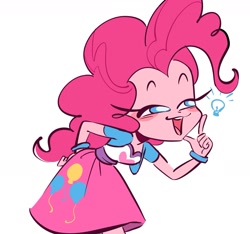 Size: 1605x1501 | Tagged: safe, artist:raehanim, pinkie pie, human, equestria girls, g4, arms, bracelet, breasts, bust, clothes, female, fingers, hand on hip, jewelry, leaning, leaning forward, legs, lidded eyes, lightbulb, long hair, open mouth, shirt, short sleeves, simple background, skirt, smug, solo, talking, teenager, teeth, vest, white background