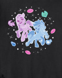 Size: 800x1000 | Tagged: safe, izzy moonbow, sunny starscout, alicorn, pony, unicorn, g5, my little pony: make your mark, official, black background, clothes, crystal, cutie mark, earth pony crystal, female, horn, jacket, long sleeved shirt, long sleeves, mare, merchandise, pegasus crystal, pose, race, shirt, simple background, sparkles