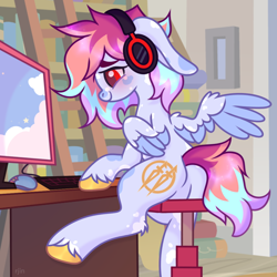 Size: 1024x1024 | Tagged: safe, artist:rjin, oc, oc only, oc:lailastarfinder, pegasus, pony, blushing, chair, commission, computer, computer mouse, cutie mark, floppy ears, fluffy, headphones, keyboard, male, minimalist, room, sfw version, simple background, sitting, smiling, solo, solo male, table, wings, ych example, ych result, your character here