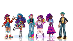 Size: 1280x720 | Tagged: safe, artist:jully-park, hitch trailblazer, izzy moonbow, misty brightdawn, pipp petals, sunny starscout, zipp storm, human, g5, african american, breasts, busty pipp petals, chubby, clothes, converse, cutie mark on clothes, dark skin, diverse body types, diverse-mlp-headcanons, dress, fit, g5 to equestria girls, gradient hair, green hair, high heels, humanized, jacket, korean, lesbian pride flag, light skin, looking at you, magenta eyes, magenta hair, mane five, mane six (g5), mane stripe sunny, midriff, moderate dark skin, multiple characters, one eye closed, one eye open, peace sign, pipp is chubby, pose, pride, pride flag, reflection, shading, shirt, shoes, simple background, skirt, slender, smiling, smiling at you, smirk, socks, sternocleidomastoid, thin, two toned hair, white background
