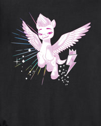Size: 800x1000 | Tagged: safe, zipp storm, pony, g5, my little pony: make your mark, official, black background, clothes, cutie mark, female, jacket, jewelry, long sleeved shirt, long sleeves, mare, merchandise, neon, pose, regalia, shirt, simple background, solo, sparkles, spread wings, vector, wings