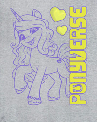 Size: 800x1000 | Tagged: safe, izzy moonbow, pony, unicorn, g5, my little pony: make your mark, official, clothes, design, female, gray background, horn, mare, merchandise, outline, pose, shirt, shirt design, simple background, solo, unshorn fetlocks