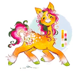 Size: 1070x1010 | Tagged: safe, artist:lutraviolet, oc, oc only, earth pony, pony, abstract background, blushing, bracelet, chest fluff, coat markings, facial markings, female, flower, flower in hair, flower in tail, freckles, jewelry, mare, mealy mouth (coat marking), reference sheet, solo, star (coat marking), tail, unshorn fetlocks