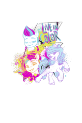 Size: 800x1200 | Tagged: safe, izzy moonbow, sunny starscout, zipp storm, earth pony, pegasus, pony, unicorn, g5, my little pony: a new generation, my little pony: make your mark, official, design, female, horn, merchandise, paint splatter, text, trio