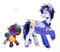 Size: 1640x1415 | Tagged: safe, artist:lutraviolet, earth pony, pegasus, pony, afro, amputee, clothes, colored wings, duo, foal, hair over eyes, hoodie, male, mcyt, pac (qsmp), ponified, prosthetic leg, prosthetic limb, prosthetics, qsmp, richarlyson (qsmp), scar, shirt, snaggletooth, stallion, t-shirt, torn ear, unshorn fetlocks, wings, youtuber