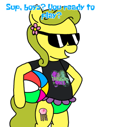 Size: 3023x3351 | Tagged: safe, artist:professorventurer, pipp petals, sunny starscout, oc, oc:bikini breeze, earth pony, pony, g5, beach ball, bikini, bikini bottom, bipedal, clothes, green bikini, merchandise, shirt, simple background, sunglasses, swimsuit, t shirt design, t-shirt, white background