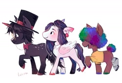Size: 2015x1372 | Tagged: safe, artist:lutraviolet, earth pony, pegasus, pony, unicorn, afro, amputee, bowtie, clothes, coat markings, colt, dapper (qsmp), dappled, ear fluff, ear piercing, earring, female, filly, foal, hat, horn, jewelry, male, mcyt, monocle, piercing, pomme (qsmp), ponified, prosthetic leg, prosthetic limb, prosthetics, qsmp, richarlyson (qsmp), shirt, simple background, snaggletooth, t-shirt, top hat, torn ear, trio, unshorn fetlocks, white background