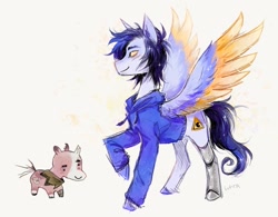 Size: 1303x1018 | Tagged: safe, artist:lutraviolet, pegasus, pony, unicorn, amputee, broken horn, cloak, clothes, colored wings, duo, eye scar, facial scar, fitmc, gay, hoodie, horn, male, mcyt, meme, pac (qsmp), ponified, prosthetic leg, prosthetic limb, prosthetics, qsmp, scar, shipping, spread wings, stallion, the bride and the ugly ass groom, torn ear, unshorn fetlocks, wings, youtuber