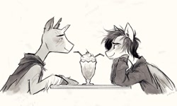 Size: 1431x861 | Tagged: safe, artist:lutraviolet, pegasus, pony, unicorn, black and white, broken horn, clothes, drink, ear fluff, ear piercing, earring, eye scar, facial hair, facial scar, fitmc, gay, grayscale, hoodie, horn, jewelry, looking at each other, looking at someone, male, mcyt, milkshake, monochrome, non-mlp shipping, pac (qsmp), piercing, ponified, qsmp, scar, shipping, sitting, sketch, unshorn fetlocks, youtuber