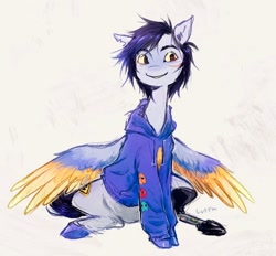 Size: 1040x964 | Tagged: safe, artist:lutraviolet, pegasus, pony, amputee, clothes, colored wings, hoodie, male, mcyt, pac (qsmp), ponified, prosthetic leg, prosthetic limb, prosthetics, qsmp, scar, sitting, solo, spread wings, stallion, torn ear, wings, youtuber