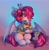 Size: 1994x2048 | Tagged: safe, artist:gicme, oc, oc only, oc:lerk, bat pony, pony, ahoge, blushing, clothes, colored sclera, drink, ear piercing, ear tufts, earring, eye clipping through hair, eyebrows, eyebrows visible through hair, female, floating heart, heart, heart ahoge, jewelry, looking at you, mare, mug, piercing, plushie, sitting, solo, sweater, teddy bear, unshorn fetlocks, yellow sclera