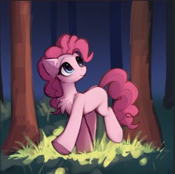 Size: 1404x1393 | Tagged: safe, artist:lerkfruitbat, pinkie pie, earth pony, pony, g4, chest fluff, ear fluff, female, forest, mare, nature, solo, tree