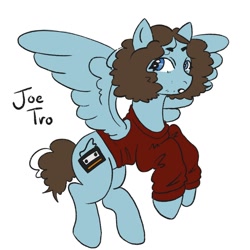 Size: 2000x2000 | Tagged: safe, artist:lastmidtownshowmp3, pegasus, pony, blue coat, blue eyes, clothes, curly hair, fall out boy, flying, joe trohman, looking sideways, midair, name, ponified, simple background, solo, spread wings, sweater, white background, wings