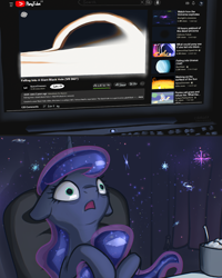 Size: 2316x2899 | Tagged: safe, artist:ciborgen, princess luna, alicorn, pony, g4, black hole, computer, female, floppy ears, high res, hug, mare, open mouth, solo, tail, tail hug, youtube