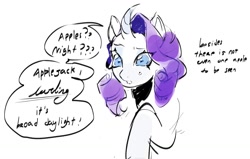 Size: 1249x792 | Tagged: safe, artist:meykeyii, rarity, pony, unicorn, g4, confused, curved horn, dialogue, female, horn, implied applejack, implied lesbian, implied rarijack, implied shipping, mare, offscreen character, simple background, solo, speech bubble, sweat, white background