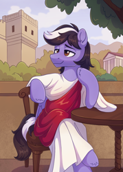 Size: 1779x2480 | Tagged: safe, artist:skysorbett, oc, oc only, oc:violett spectrum, pegasus, pony, building, chair, clothes, folded wings, greek, greek clothes, greek mythology, male, pegasus oc, sitting, smiling, solo, stallion, table, toga, tree, wings