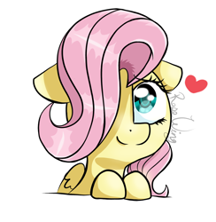 Size: 1760x1805 | Tagged: safe, artist:flutterbug18, fluttershy, pegasus, pony, cute, daaaaaaaaaaaw, female, floating heart, floppy ears, hair over one eye, heart, looking up, mare, shyabetes, signature, simple background, smiling, solo, white background