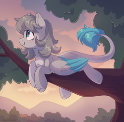 Size: 2002x1970 | Tagged: safe, artist:skysorbett, oc, oc only, oc:quidsa, pegasus, pony, chest fluff, colored wings, colored wingtips, female, folded wings, leonine tail, long tail, lying down, mare, sky, smiling, solo, sunset, tail, tree, tree branch, wings