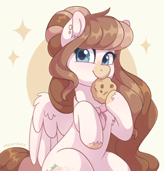 Size: 1920x2000 | Tagged: safe, artist:skysorbett, oc, oc only, oc:strawberry milk, pegasus, pony, beige coat, brown mane, brown tail, clothes, cookie, cute, ear piercing, eating, facial markings, female, food, looking at you, mare, ocbetes, pegasus oc, piercing, scarf, simple background, smiling, solo, sparkles, tail