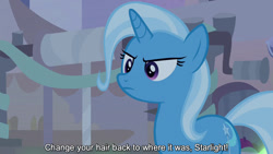 Size: 1280x720 | Tagged: safe, edit, edited screencap, editor:jaredking779, screencap, trixie, pony, unicorn, g4, road to friendship, season 8, angry, caption, female, horn, mare, solo, text
