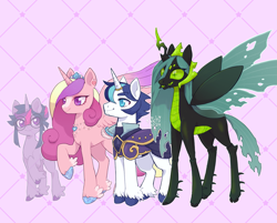 Size: 3029x2438 | Tagged: safe, artist:paichitaron, princess cadance, queen chrysalis, shining armor, twilight sparkle, alicorn, changeling, changeling queen, pony, unicorn, alternate design, alternate hairstyle, armor, blaze (coat marking), coat markings, eyebrows, eyebrows visible through hair, facial markings, fangs, female, glasses, green sclera, high res, horn, horn ring, jewelry, male, mare, necklace, outline, patterned background, pink background, ring, round glasses, short mane, simple background, slit pupils, smiling, spread wings, stallion, stubble, tail, tail feathers, tiara, unshorn fetlocks, white outline, winged hooves, wings