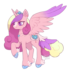 Size: 1752x1800 | Tagged: safe, artist:paichitaron, princess cadance, alicorn, pony, g4, alternate design, blaze (coat marking), coat markings, facial markings, female, jewelry, mare, necklace, outline, simple background, smiling, solo, spread wings, tail, tail feathers, tiara, transparent background, unshorn fetlocks, white outline, winged hooves, wings