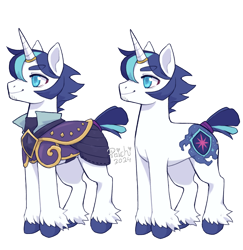 Size: 1752x1800 | Tagged: safe, artist:paichitaron, shining armor, pony, unicorn, alternate design, alternate hairstyle, armor, eyebrows, eyebrows visible through hair, horn, horn ring, male, outline, ring, short mane, simple background, smiling, solo, stallion, stubble, transparent background, white outline