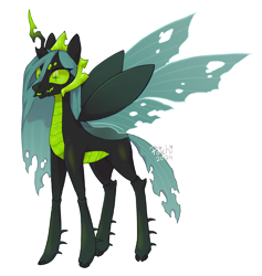 Size: 1990x2096 | Tagged: safe, artist:paichitaron, queen chrysalis, changeling, changeling queen, alternate design, fangs, female, green sclera, outline, simple background, slit pupils, solo, spread wings, transparent background, white outline, wings