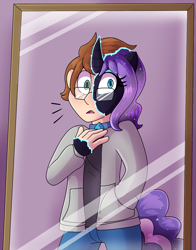 Size: 939x1200 | Tagged: safe, artist:icefire, nightmare rarity, human, pony, unicorn, glasses, horn, human to pony, mirror, possession, transformation, transformation sequence