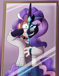 Size: 940x1200 | Tagged: safe, artist:icefire, nightmare rarity, human, pony, unicorn, g4, evil smile, glasses, grin, horn, human to pony, mirror, possession, smiling, transformation, transformation sequence
