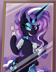 Size: 939x1200 | Tagged: safe, artist:icefire, nightmare rarity, human, pony, unicorn, g4, evil grin, glasses, grin, horn, human to pony, mirror, possession, smiling, transformation, transformation sequence