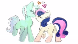 Size: 3840x2160 | Tagged: safe, artist:lbrcloud, bon bon, lyra heartstrings, sweetie drops, earth pony, pony, unicorn, g4, boop, duo, duo female, ear fluff, eyes closed, female, happy, heart, high res, horn, lesbian, mare, missing cutie mark, noseboop, nuzzling, ship:lyrabon, shipping, simple background, smiling, white background