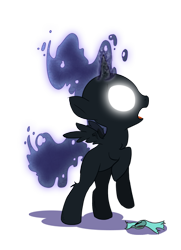 Size: 330x455 | Tagged: safe, artist:sip, nightmare moon, oc, oc:nyx, alicorn, pony, fanfic:past sins, g4, age progression, age progression imminent, aging, alicorn oc, cropped, ethereal hair, fanfic art, female, female oc, filly, filly oc, foal, glowing, glowing eyes, glowing horn, growth spell, growth spurt, growth spurt imminent, headband, horn, nightmare nyx, older, power overwhelming, shadow, simple background, solo, spread wings, they grow up so fast, this will end in a growth spurt, this will end in age progression, this will end in pain, this will end in tears, this will end in transformation, this will end in trouble, transformation, transformation imminent, transparent background, wardrobe malfunction, wings