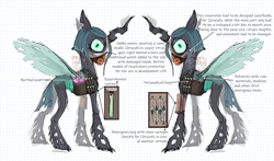 Size: 1700x1000 | Tagged: safe, artist:emptygoldstudio, queen chrysalis, changeling, changeling queen, g4, alternate hairstyle, bag, bottle, face mask, female, looking at you, mask, mlp infection, saddle bag, short mane, simple background, solo, syringe, text, torn ear, vial, white background