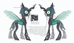 Size: 1700x1000 | Tagged: safe, alternate version, artist:emptygoldstudio, queen chrysalis, changeling, changeling queen, g4, alternate hairstyle, female, looking at you, mlp infection, short mane, simple background, solo, teeth, text, torn ear, white background