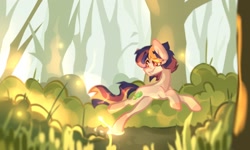 Size: 1600x962 | Tagged: safe, artist:tsarstvo, oc, oc only, earth pony, pony, bush, forest, grass, nature, outdoors, running, smiling, solo, tree