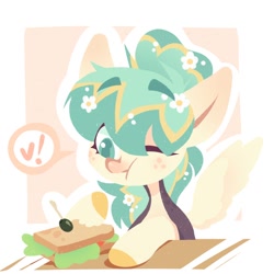 Size: 1500x1500 | Tagged: safe, artist:kingdom, oc, oc only, pegasus, pony, eating, food, green mane, outline, sandwich, solo, tan coat, white outline