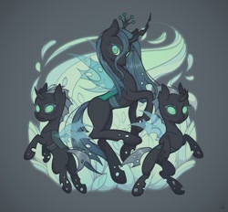 Size: 1280x1189 | Tagged: safe, artist:chervyakk, queen chrysalis, changeling, changeling queen, g4, concave belly, female, gray background, height difference, simple background, slender, tall, thin, trio