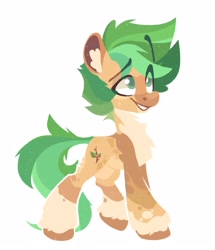 Size: 1373x1600 | Tagged: safe, alternate version, artist:tsarstvo, oc, oc only, earth pony, pony, body markings, brown coat, chest fluff, coat markings, colored ear fluff, colored pinnae, colored pupils, ear fluff, ear markings, eye clipping through hair, eyebrows, eyebrows visible through hair, full body, green eyes, green mane, green tail, leg markings, lineless, pale belly, simple background, smiling, socks (coat markings), solo, tail, walking, white background