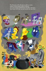 Size: 1331x2048 | Tagged: safe, artist:andypriceart, idw, official comic, applejack, doctor whooves, plumb bob, princess celestia, princess luna, rarity, time turner, zecora, alicorn, dreary, earth pony, unicorn, zebra, g4, spoiler:comic, spoiler:comic41, angry, bottle, cauldron, female, grumpy, horn, male, mare, necktie, rage, skull, tongue out, yelling