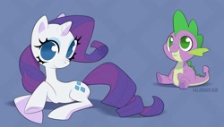 Size: 3658x2084 | Tagged: safe, artist:embla froberg, rarity, spike, dragon, pony, unicorn, g4, abstract background, duo, female, horn, lying down, male, mare, prone, sitting