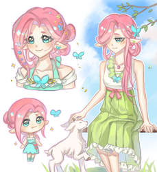 Size: 1282x1401 | Tagged: safe, artist:qiongyu61402, fluttershy, butterfly, goat, human, g4, chibi, clothes, dress, elf ears, humanized, petting, sky background, smiling, sparkles, tree branch