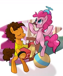 Size: 1460x1754 | Tagged: safe, artist:xinjinjumin718319732303, cheese sandwich, pinkie pie, earth pony, pony, accordion, balancing, balloon, bipedal, eyes closed, fake moustache, female, hat, male, mare, musical instrument, open mouth, ponyville, propeller hat, simple background, smiling, stallion, white background