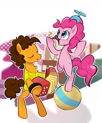 Size: 1460x1754 | Tagged: safe, alternate version, artist:xinjinjumin718319732303, cheese sandwich, pinkie pie, earth pony, pony, g4, accordion, balancing, balloon, bipedal, eyes closed, fake moustache, female, hat, male, mare, musical instrument, open mouth, outline, ponyville, propeller hat, simple background, smiling, stallion, white background, white outline