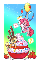 Size: 1800x2800 | Tagged: safe, artist:shedu256, applejack, pinkie pie, earth pony, pony, g4, apple, balloon, cream, eyes closed, female, floating, food, giant apple, gradient background, grin, heart, mare, open mouth, outline, passepartout, question mark, smiling, speech bubble, then watch her balloons lift her up to the sky, white outline