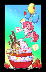 Size: 1800x2800 | Tagged: safe, alternate version, artist:shedu256, applejack, pinkie pie, earth pony, pony, g4, apple, balloon, cream, eyes closed, female, floating, food, giant apple, gradient background, grin, heart, mare, open mouth, outline, passepartout, question mark, smiling, speech bubble, then watch her balloons lift her up to the sky, white outline