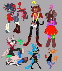 Size: 2670x3087 | Tagged: safe, artist:eyerealm, oc, oc only, dragon, pegasus, pony, rabbit, unicorn, anthro, adoptable, animal, clothes, ear piercing, earring, female, furry, gray background, hoof shoes, horn, horn ring, jacket, jewelry, leg warmers, necklace, piercing, ring, simple background, sitting, socks, sweater