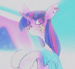 Size: 934x867 | Tagged: safe, artist:eyerealm, twilight sparkle, pony, unicorn, g4, abstract background, bandage, bandaid, clothes, ear piercing, earring, female, hospital gown, jewelry, mare, piercing, solo, unicorn twilight