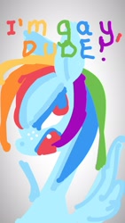 Size: 1152x2048 | Tagged: safe, artist:eyerealm, rainbow dash, pony, angry, dialogue, female, freckles, gradient background, headcanon, mare, sexuality headcanon, solo